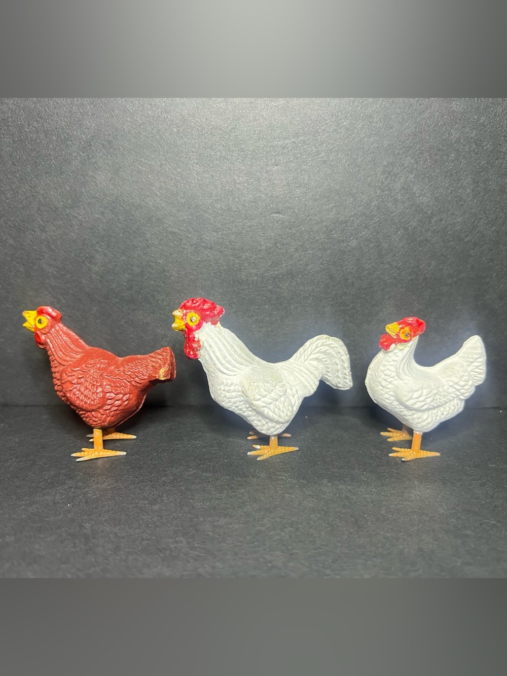 Vintage Lot of 3 German Putz Mini Composite Rooster & Chickens w/ Metal Feet - Picture 2 of 8